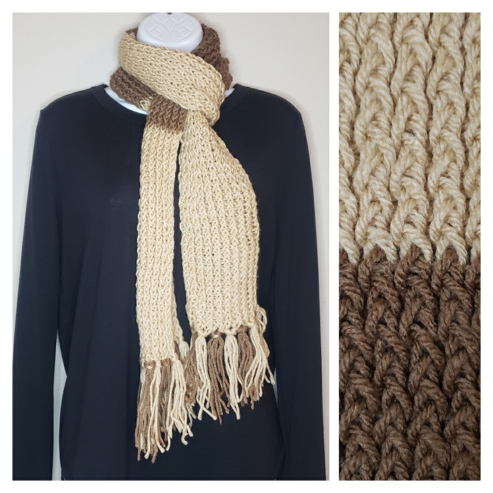 Handcrafted Brown & Ivory Cream Handmade Crochet Scarf with Fringe Edges